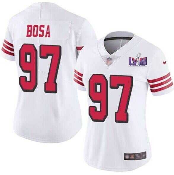 Women%27s San Francisco 49ers #97 Nick Bosa New White Super Bowl LVIII Patch Vapor Untouchable Limited Stitched Jersey